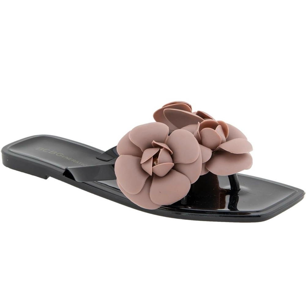 BCBG Generation Black Jelly LULU Slides with Mauve Floral Appliqués